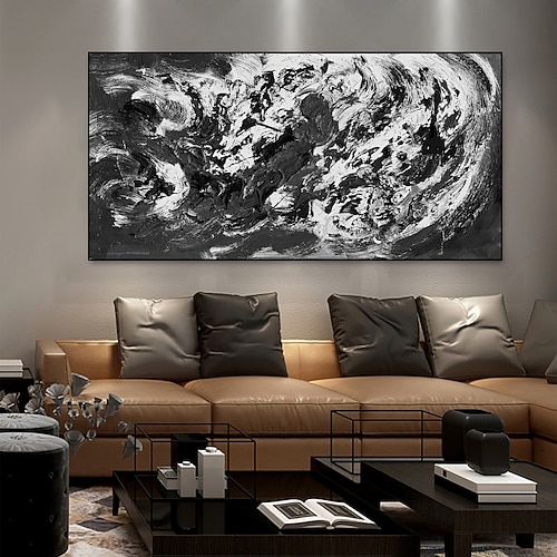 Handgefertigte Ölgemälde auf Leinwand, Wandkunst, Dekoration, Schwarz-Weiß-Minimalismus, abstrakte, dicke Ölmesserzeichnung für Heimdekoration, gerolltes, rahmenloses, ungedehntes Gemälde Image