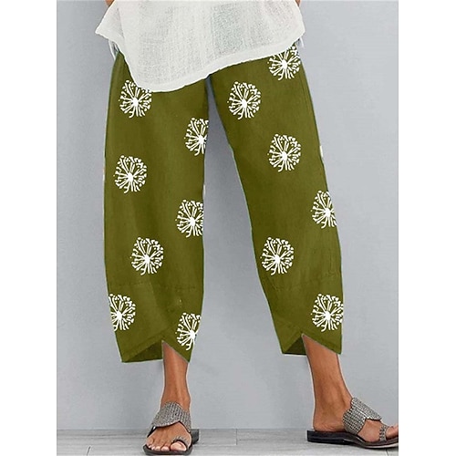 Damen Kunstbaumwollleinen Weites Bein Hosen Hose Mode Komfort Knöchellang Hohe Taille Löwenzahn Tasche Elastischer Bund Druck Komfort Atmungsaktivität Weich Mikroelastisch Lässig Alltagskleidung Image