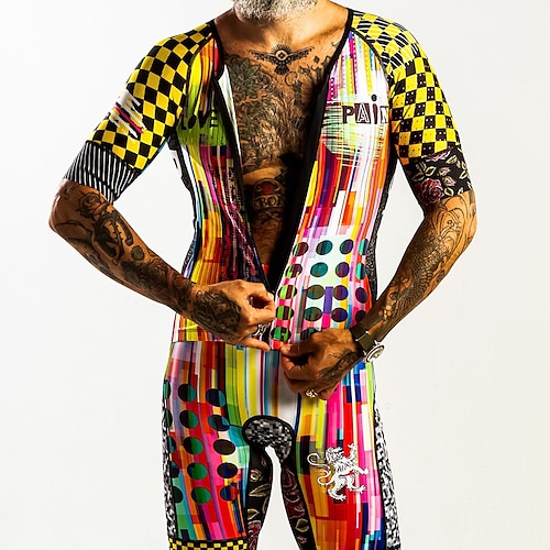 Herren Radtrikot mit Shorts Kurzarm Mountainbike MTB Straßenradsport Sommer Frühling Gelb Grafik Karo / Karomuster Fahhrad 3D-Polster Schnelltrocknend Rückentasche Feuchtigkeitsableitend Atmungsaktiv Image