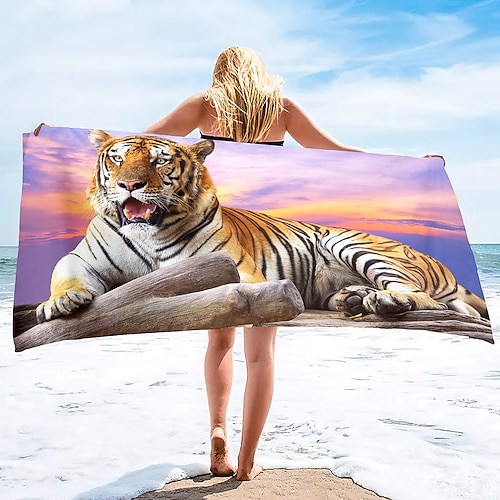 1 Stück große, dicke Bade- und Duschtücher, 3D-weißes Tiger-Design, Baumwoll-Strandtuch für Damen und Herren, Reisen, Schwimmen, Yoga, Decke Image