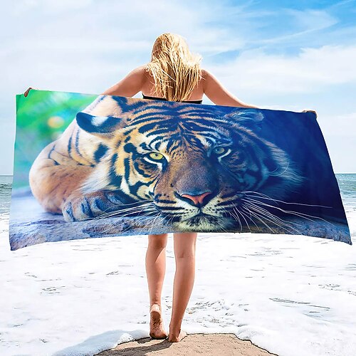 1 Stück große, dicke Bade- und Duschtücher, 3D-weißes Tiger-Design, Baumwoll-Strandtuch für Damen und Herren, Reisen, Schwimmen, Yoga, Decke Image