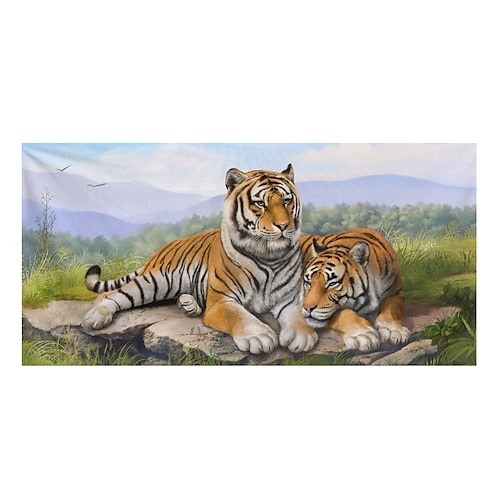 1 Stück große, dicke Bade- und Duschtücher, 3D-weißes Tiger-Design, Baumwoll-Strandtuch für Damen und Herren, Reisen, Schwimmen, Yoga, Decke Image