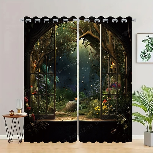 2 Paneele, Landschaftswald-Vorhang, Verdunkelungsvorhang für Wohnzimmer, Schlafzimmer, Küche, Fensterbehandlungen, wärmeisolierte Raumverdunkelung Image