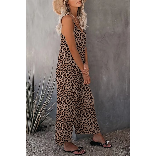 Damen-Overall, einfarbig, V-Ausschnitt, Urlaub, Alltag, Ausgehen, weites Bein, lockere Passform, Spaghettiträger, Khaki, 3XL, Sommer Image