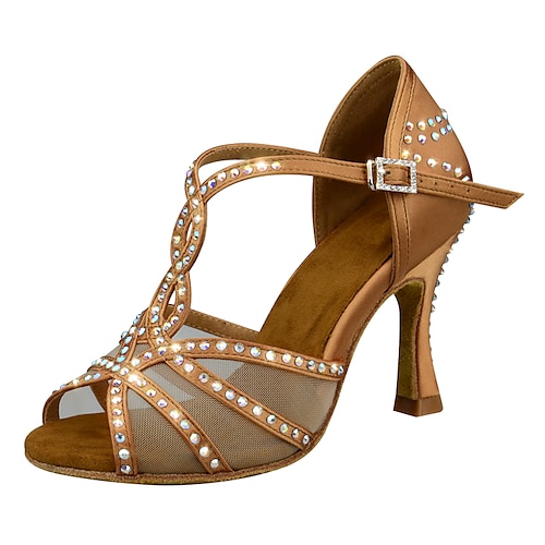 Damen-Latein-Tanzschuhe mit Strasssteinen und weicher Wildledersohle – elegante Satin-T-Riemen-Ballsaal-Absätze für Salsa, Tango, Bachata und Performance-Events Image