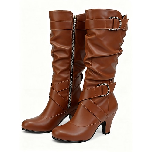 Kniehohe Stiefel für Damen mit Schnallenriemen und lässigem Design, mit mittelhohem Absatz und vielseitigem Stil für Freizeit- und Abendgarderobe Image