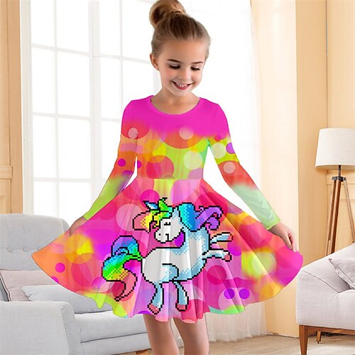 Mädchen' 3D Blumen Regenbogen Kleid Rosa Langarm 3D-Druck Herbst Winter Urlaub Sport Natur Täglich Kuschelig Brautkleider schlicht Schön kinderkleidung 3-12 Jahre Casual kleid A Linie Kleid Übers Image