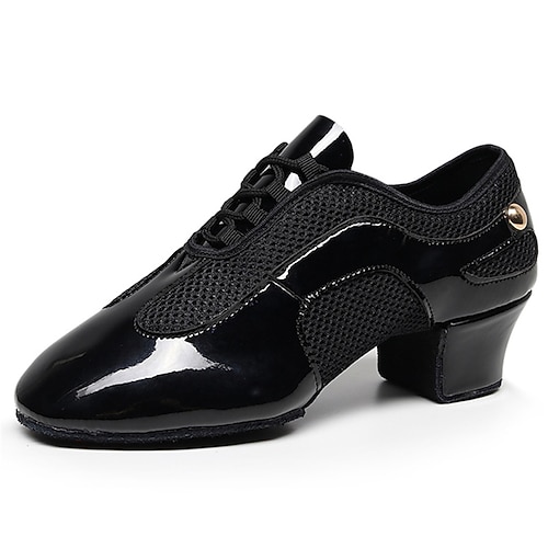Schwarze Latein-Tanzschuhe aus Lackleder für Damen – atmungsaktive Ballsaal-Performance-Schnürschuhe aus Mesh mit Wildledersohle für Salsa und Tango Image