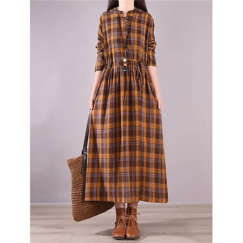 Damen Maxikleid Shiftkleid Baumwoll-Leinen-Kleider Kariertes Kleid Freizeitkleid Mode Basic Klassisch Täglich Outdoor Urlaub Lässiger Schnitt Karomuster Langarm Stehkragen Blau Gelb Rote Herbst Winter Image