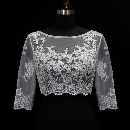 Schal und Umschlagtuch Schals Damenumhang Bolero Sexy Braut Halbarm Spitze Hochzeit Schals Mit Knopf Für Hochzeit Frühling Sommer Image