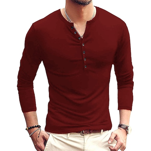 Herren T-Shirt mit Knöpfen T Shirt Langarmshirt Langarm Stehkragen Frühling Herbst Einfach Leicht Klassisch Lässig Button-Down Urlaub Lässig Ferien Wein Schwarz Weiß Top T-Shirt für Herren Image