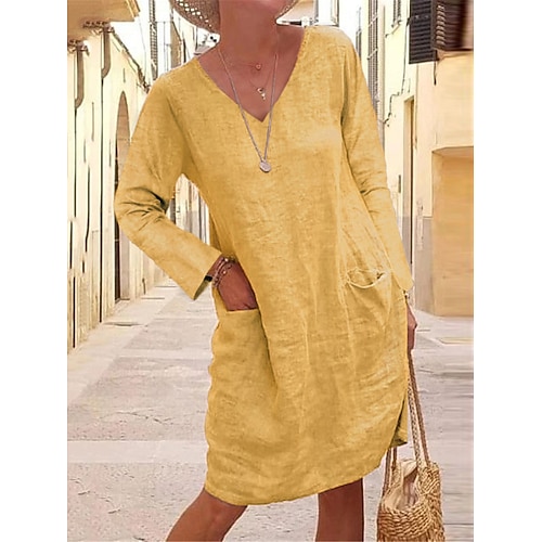 Damen Midikleid Kunstbaumwollleinen Shiftkleid schwarzes kleid Freizeitkleid Basic Modern Täglich Wochenende Lässiger Schnitt Einfach Langarm V Ausschnitt Schwarz Gelb Kaki Sommer Frühling Image