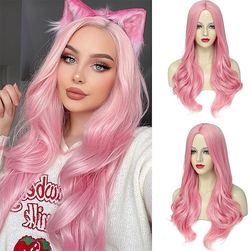Weiße Perücken für Frauen, 66 cm lang, weiße Perücke, synthetische Perücke, Mittelteil, natürlich aussehende weiße, gewellte Perücke für den täglichen Gebrauch, Halloween-Cosplay-Perücke, Image