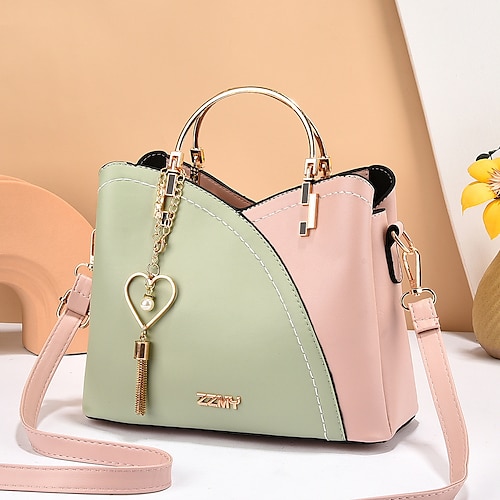 marineblaue und rosa Handtasche für Damen mit Herzquastenanhänger – elegante Umhängetasche und Tragetasche aus Kunstleder für den täglichen Gebrauch