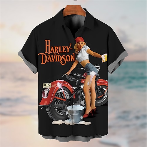 Herren Buchstabe Vintage Hula-Mädchen Hemd Hawaiihemd Sommerhemd Aloha-Shirt Kurze Ärmel Hemd Umlegekragen Vintage Modisch Strassenmode Outdoor Strasse Casual Schwarz Gelb Blau S M L Image