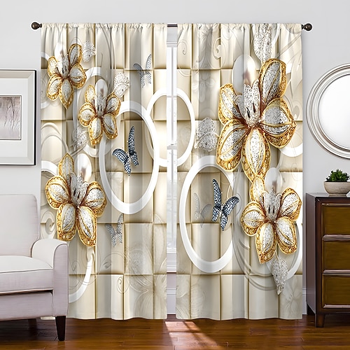 2 Paneele goldener Rosen-Vorhang, Verdunkelungsvorhang für Wohnzimmer, Schlafzimmer, Küche, Fensterbehandlungen, wärmeisolierte Raumverdunkelung Image