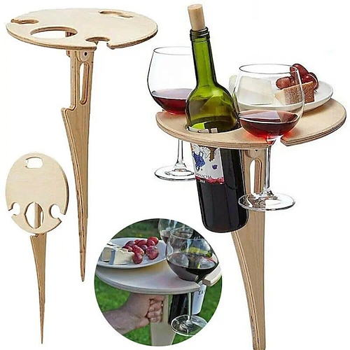 Weintisch im Freien, runder klappbarer Weintisch, Picknick-Campingtisch aus Holz, Strandtisch, Champagner-Picknicktisch für draußen, Park, Rasen, Strand, Picknick, Weinglashalter, Reisen Image