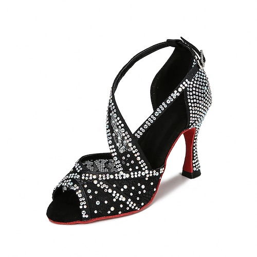 Schwarze Strass-Latein-Tanzschuhe für Damen – Peep-Toe-High-Heel-Ballsaal-Salsa-Sandalen für Auftritte und Wettkämpfe Image