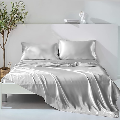 4-teiliges Bettlaken-Set mit tiefen Taschen, luxuriöser Seidensatin, kühlend, weich, einfarbig, beinhaltet 1 Bettlaken, 1 Spannbettlaken, 2 Kissenbezüge Image