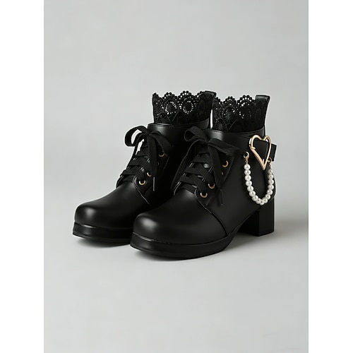 weiße Brautstiefeletten für Damen – Hochzeitsschuhe zum Schnüren mit Herz- und Perlenverzierung, dicker Absatz für Vintage-inspirierte Bräute Image