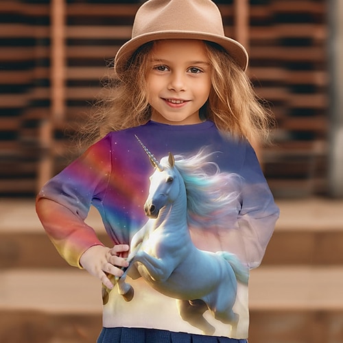 Mädchen 3D Graphic Karikatur Einhorn T-Shirt Langarm 3D-Druck Sommer Herbst Aktiv Modisch Kuschelig kinderkleidung 3-12 Jahre Outdoor Casual Täglich Regular Fit Image