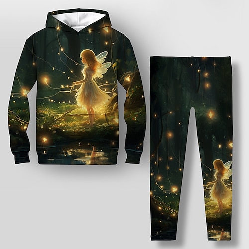 Mädchen 3D FEE Set aus Kapuzenpullover und Leggings Langarm 3D-Druck Herbst Winter Aktiv Modisch Täglich kinderkleidung 3-12 Jahre Mit Kapuze Outdoor Urlaub Verabredung Regular Fit Image