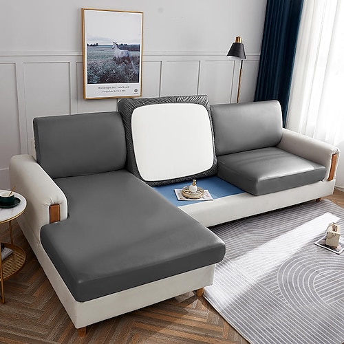 Stretch-Couchkissenbezug aus PU-Leder in Burgunderrot, 100 % wasserdichter Kissenbezug für Stuhlkissen, Möbelschutz, Sitzkissen, Sofabezug mit elastischer Unterseite, waschbar Image