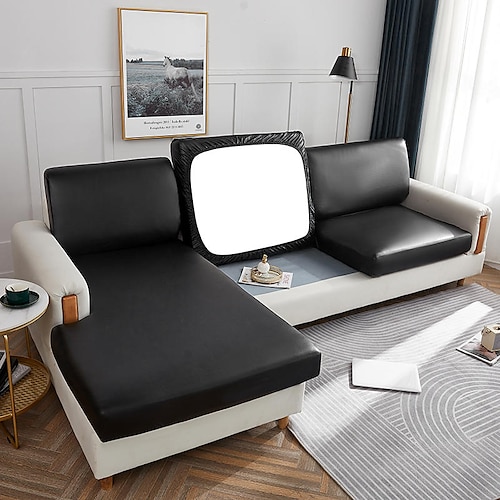 Stretch-Couchkissenbezug aus PU-Leder in Burgunderrot, 100 % wasserdichter Kissenbezug für Stuhlkissen, Möbelschutz, Sitzkissen, Sofabezug mit elastischer Unterseite, waschbar Image