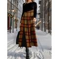 Damen Kariertes Kleid Casual kleid Winter Kleid Plaid Rüschen Patchwork Rundhalsausschnitt kleid lang Täglich Urlaub Langarm Herbst Winter