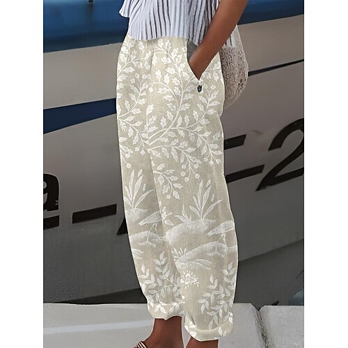 Damen Baumwoll-Leinen-Hosen Baggy-Hosen Leinenlike Lässig Komfort Voller Länge Mittlere Taille Pflanzen Druck Bequem Atmungsaktiv Mikro-elastisch Hellgelb Hellrosa Buff Transparent Blau Sommer Image