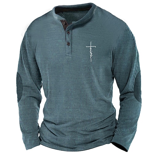 Herren Grafik Kreuz Glaube Henley Hemd Waffel-T-Shirt Langarm 3D-Druck Designer Einfach Retro Vintage Sport im Freien Ferien Festival Frühling Herbst Blau Braun Armeegrün Dunkelgray Henley Henley Image