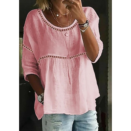 Damen Spitzenbluse Oberteil mit Ösen Langes Baumwolltop Weißes Baumwolltop Spitze Patchwork Einfach Basic Dreiviertelarm Rundhals Normale Oberteile Lässig Weiß Rosa Sommer Herbst Image