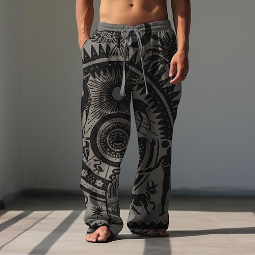 Ethnische Vintage-Herrenhose mit 3D-Druck, Outdoor-Straße, Ausgehen, Polyester, braun, grün, khaki, S, M, L, mittlere Taille, elastische Hose Image