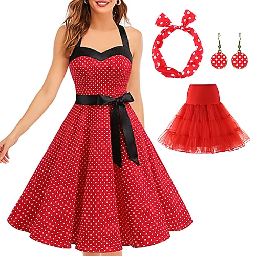 Retro Vintage 1950er Jahre Grease Outfits Rockabilly Petticoat Hoops Rock A-Linien Kleid Tutu Polka Dot Schickes Kleid Damen Party Abend Maskerade Erwachsenen Kleid Ohrringe Kopfschmuck Frühling Image