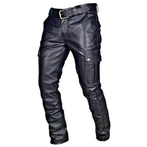Herren Hose Hosen Lederhose Kunstlederhose Freizeithose Multi Pocket Feste Farbe Nachtclub Strassenmode Modisch Schwarz Rote Image