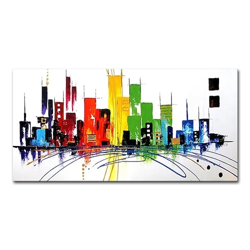 Mintura handgefertigte farbenfrohe Stadtlandschafts-Ölgemälde auf Leinwand, Wandkunst, Dekoration, modernes abstraktes Bild für Wohnkultur, gerolltes, rahmenloses, ungedehntes Gemälde Image