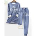 Damen Pyjama-Oberteil und Hose Buchstabe Warm Komfort Weich Heim Täglich Bett Vlies Warm Atmungsaktiv Rundhalsausschnitt Langarm Pullover Hose Elastische Taille Herbst Winter Rosa Blau