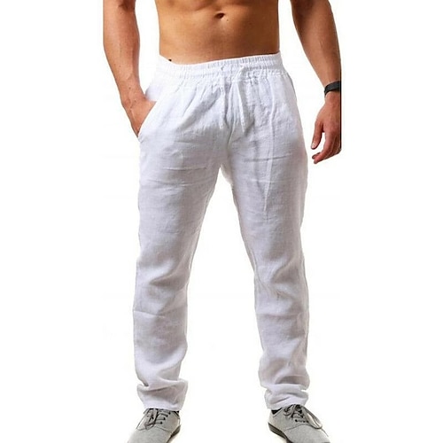 Herren Leinenhosen Hose Sommerhose Strandhose Kordelzug Einfach Komfort Atmungsaktiv Volle Länge Yoga Lässig Wochenende Streetwear Schlank Schwarz Weiß Mikroelastisch Image