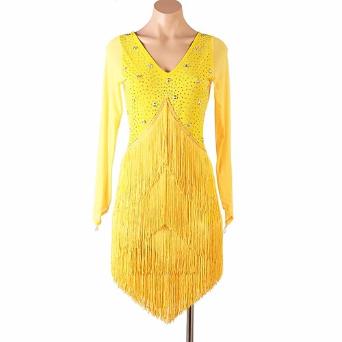 Latein-Tanz Kleid Quaste Pure Farbe Kristalle / Strass Damen Leistung Party Langarm Gitter Spandex Image