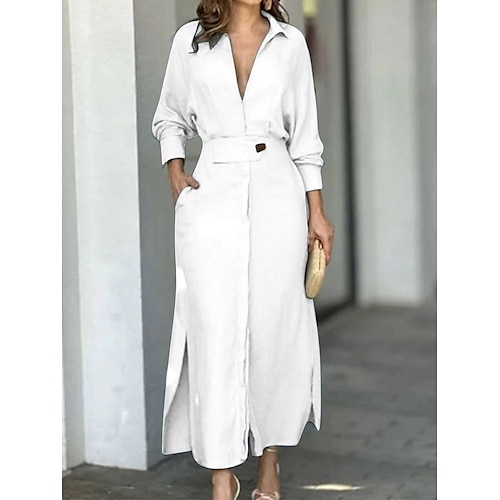 Damen blusenkleid kleid lang Tasche Gespleisst Täglich Verabredung Urlaub Aktiv Modisch Hemdkragen Langarm Schwarz Weiß Rosa Farbe Image