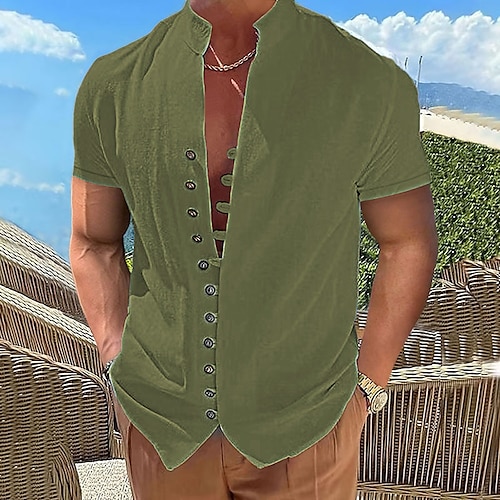 Herren Leinenhemd Sommerhemd Strandbekleidung Knopfhemd Einfach Urlaub Kreuzfahrt Schwarz Weiß Rosa Blau Kurzarm Stehkragen Frühling Sommer Bekleidung Basic Image