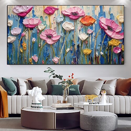 3D-Blumen-Ölgemälde mit schwerer Textur auf Leinwand, handgemalt, moderne, farbenfrohe Blumenkunst, Wanddekoration für Mädchenzimmer, abstrakte Palettenmesser-Blumenmalerei, Einweihungsgeschenk Image