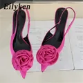 Eilyken Satin Slingback Women Pumps Sexy Design Flowers punta a punta tacchi alti sottili banchetto