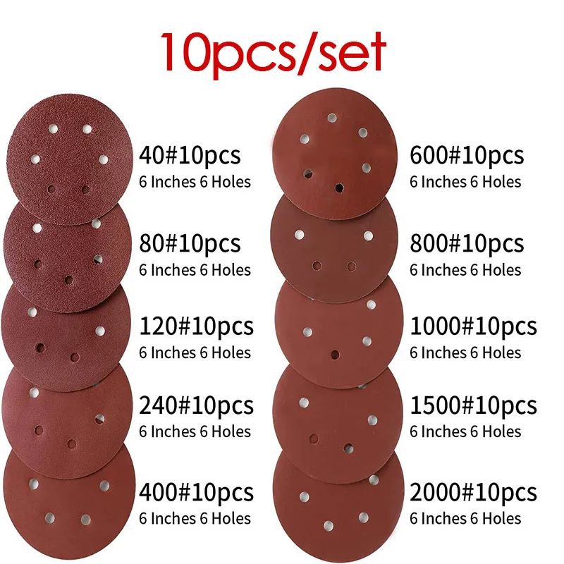 10 pz 6 pollici 6 fori 150 mm dischi abrasivi 40-2000 grana floccaggio carta vetrata levigatrice orbitale carta vetrata con gancio e anello