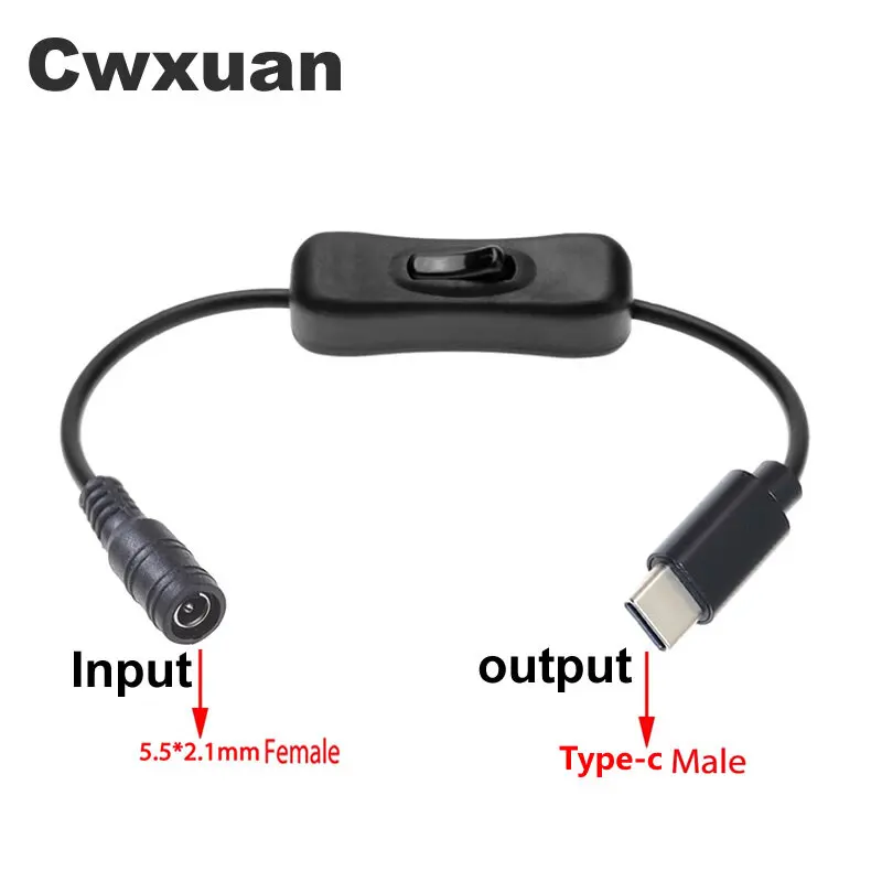 Jack femmina DC5.5 x 2.1 mm a spina maschio USB 3.1 di tipo C Adattatore connettore di alimentazione CC da CC a tipo c maschio con interruttore