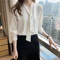 2023 Fashion Chiffon Blouse Women Tops Office Long Sleeve White Women Shirts With Tie V Neck Loose