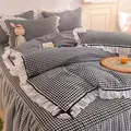 Checkered Bedding Set Bed Skirt Ruffle Lace Princess Style Girls Duvet Cover Simple Solid Color Home