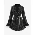 ROSEGAL Plus Size Lapel Collar Jacket Black Coat Fluffy Fur Trim Sleeve Button Embossed Velvet Chain