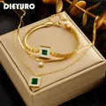 DIEYURO 316L Stainless Steel Square Green Crystal Charm Necklace Bracelets For Women Girl New Trend