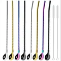8Pcs 304 Stainless Steel Straw Spoon Set Reusable Metal Straw with Brush Mixing Stirring Straw for